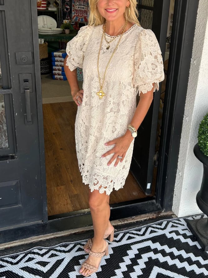 Floral Lace Scalloped Puff Sleeve Crew Neck Shift Mini Dress