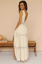 Lace Deep V-Neck Tiered Crochet Waist Boho Summer Maxi Dress