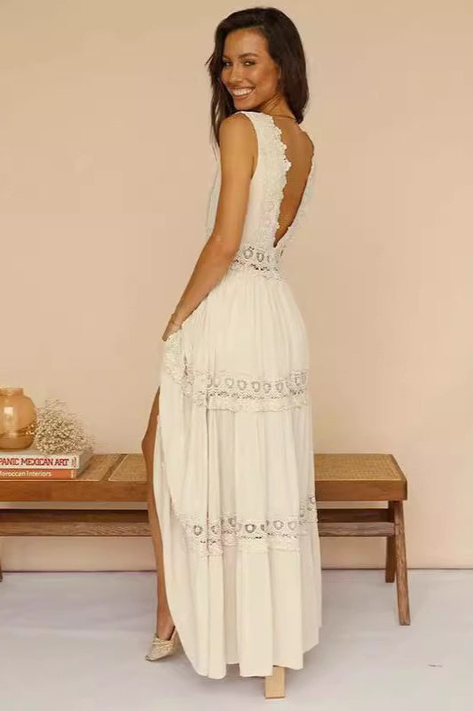 Lace Deep V-Neck Tiered Crochet Waist Boho Summer Maxi Dress