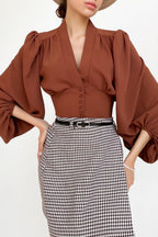V Neck Lantern Sleeve Slim Blouse