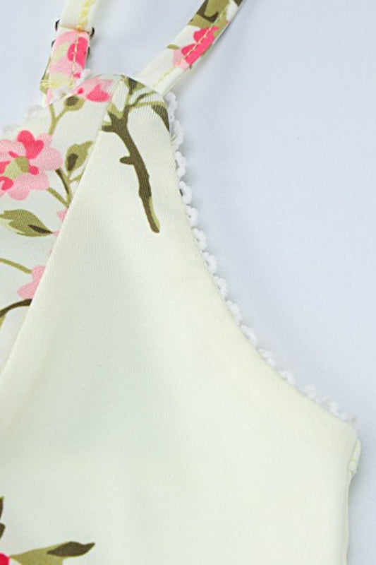 Beige Spaghetti Strap Sweetheart Cup Floral Print Bodycon Maxi Dress