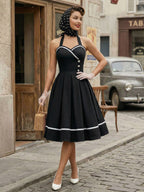 Retro Glamour Dress 1950s Style Burgundy Layered Buttons Sleeveless Sweetheart Neck Swing Dress