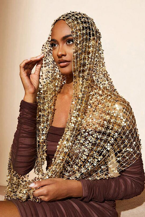 Stylish Sequined, Fringed, and Open-knit Shawl-style Scarf