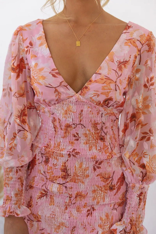 Deep V-Neck Smocked Floral Print Balloon Sleeve Ruffle Hem Mermaid Midi Dress
