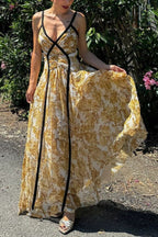 Floral Print Spaghetti Strap Contrast Trim Pleated Maxi Dress