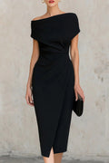 Solid Color Short-sleeved Fitted Waist Pleated Elegant Midi Dress