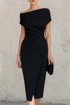 Solid Color Short-sleeved Fitted Waist Pleated Elegant Midi Dress