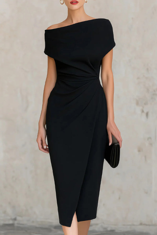 Solid Color Short-sleeved Fitted Waist Pleated Elegant Midi Dress