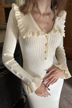 Ribbed Knit Ruffle Collar Pearl Button Bell Cuff Midi Sweater Dress