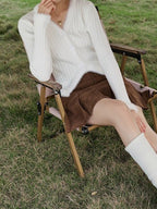 Solid V Neck Fuzzy Trim Slim Ribbed Knit Cardigan