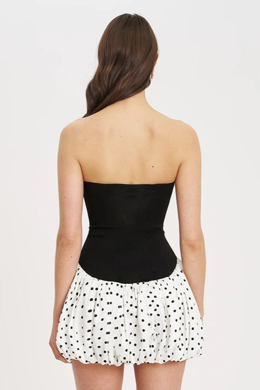 Black Strapless Sweetheart Polka Dot Bodycon Mini Dress
