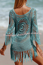Unique Pattern Knitted Cutout Crew Neck Short Sleeved Cover Up