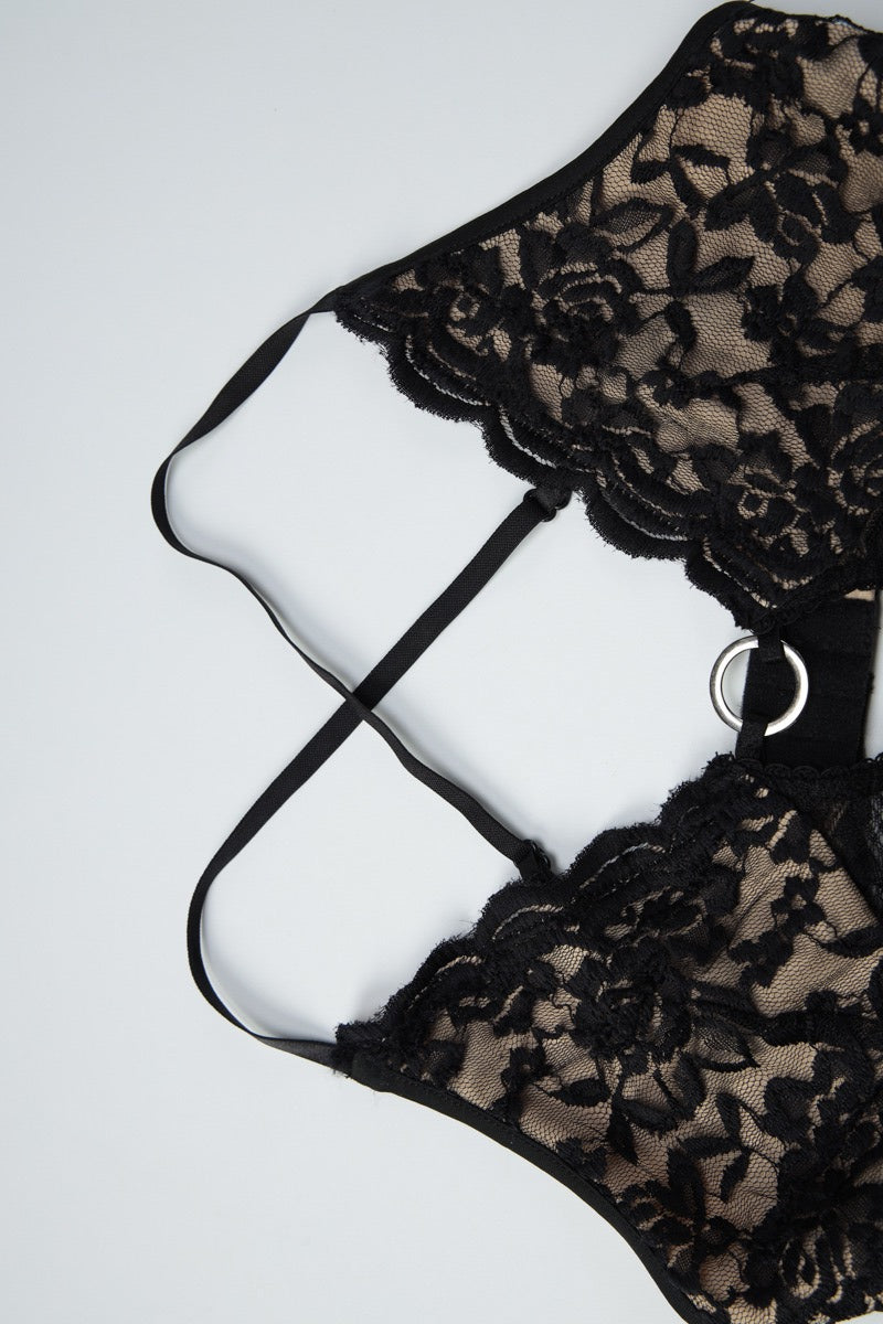 Black Deep V Neck Ring Hardware Floral Lace Panel Bodycon Midi Dress