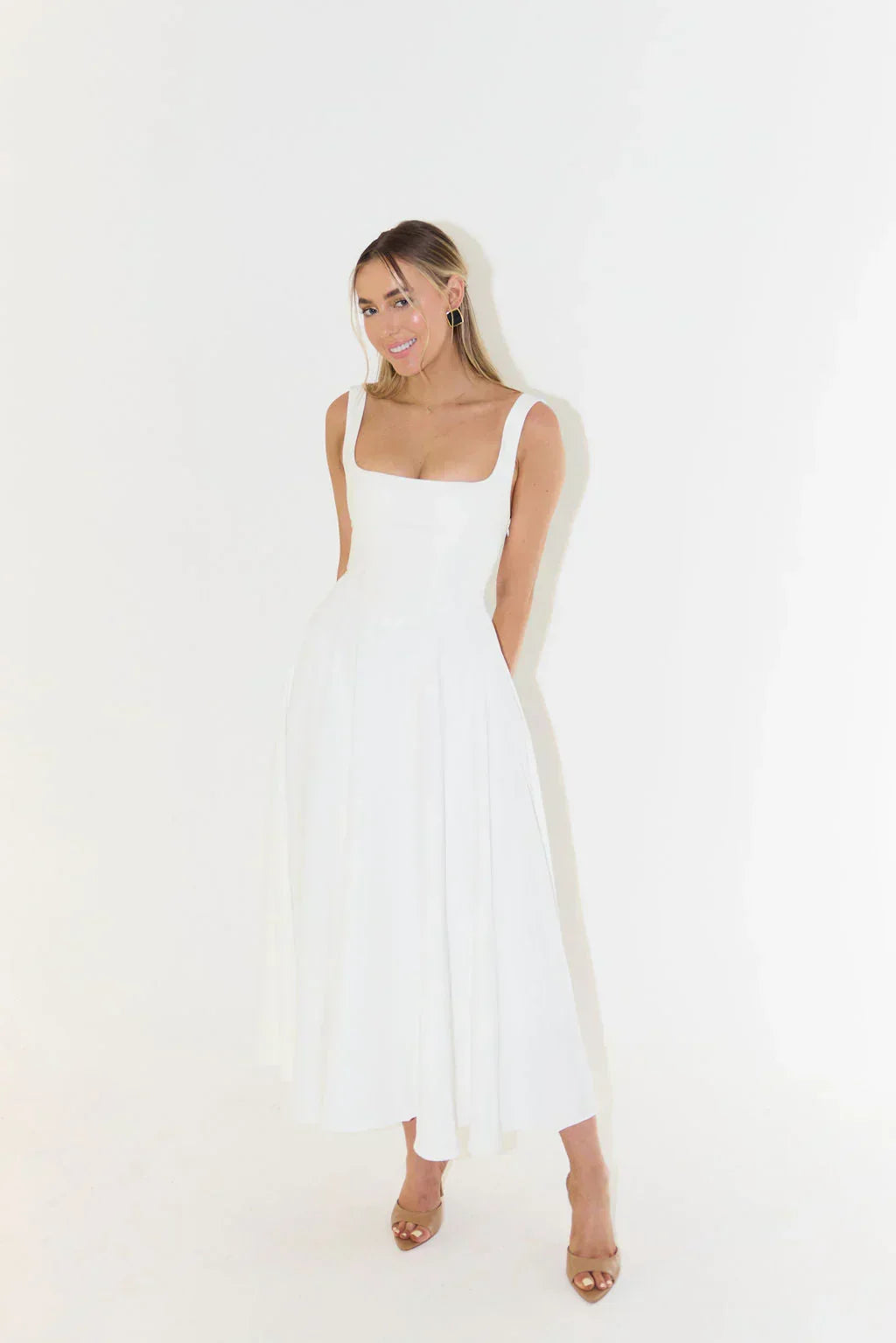 Square Neck Tank Strap Full Box Pleated Fit and Flare Midi Dress