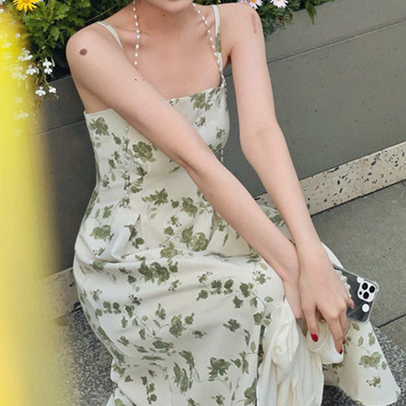 Floral Print Square Neck Spaghetti Strap Slip Midi Dress