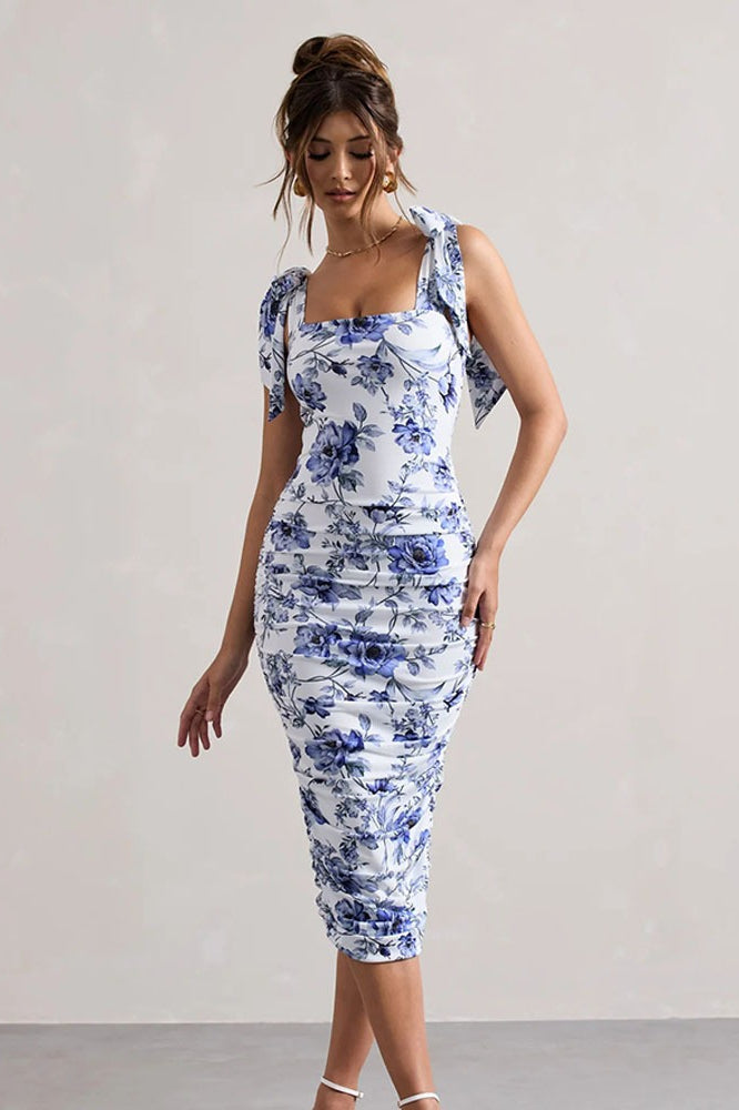 Square Neck Bow Strap Ruched Floral Toile Bodycon Midi Dress
