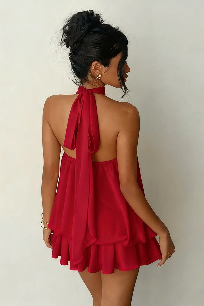 Backless Halter Tie Waist Ruffled Bodycon Mini Dress