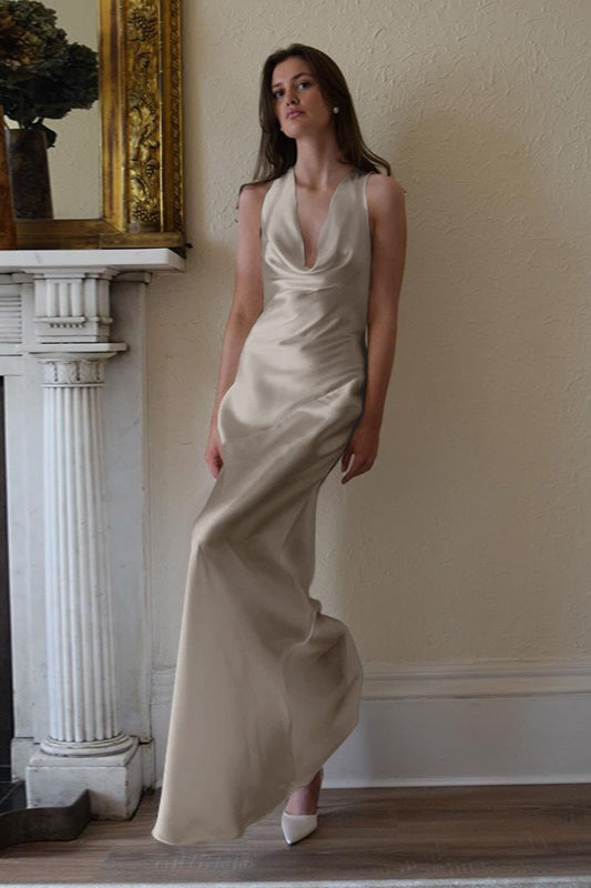 Satin Cowl Neck Wide Strap Slip Maxi Dress