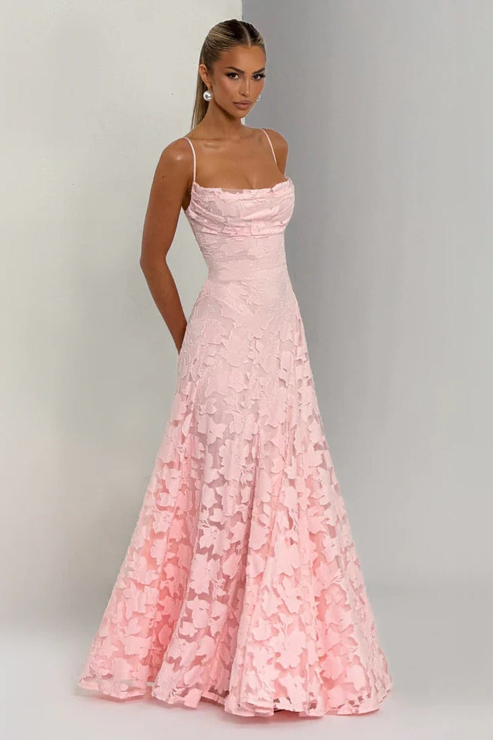 Floral Lace Spaghetti Strap Open Back Tiered Maxi Dress