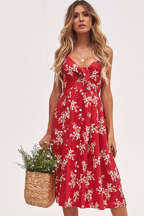 Spaghetti Strap Sweetheart Tie Front Cutout Button Front Floral Midi Dress