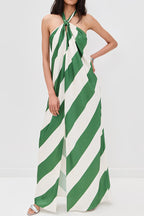 Most Dreamy Stripe Print Halter Tie-up Backless Pocket Loose Maxi Dress