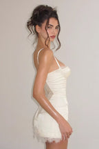 Beige Sweetheart Lace Trim Spaghetti Strap Satin Lace Panel Mini Dress