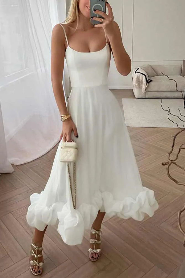 Spaghetti Strap Scoop Neck Ruffled Flounce Hem A-Line Maxi Dress