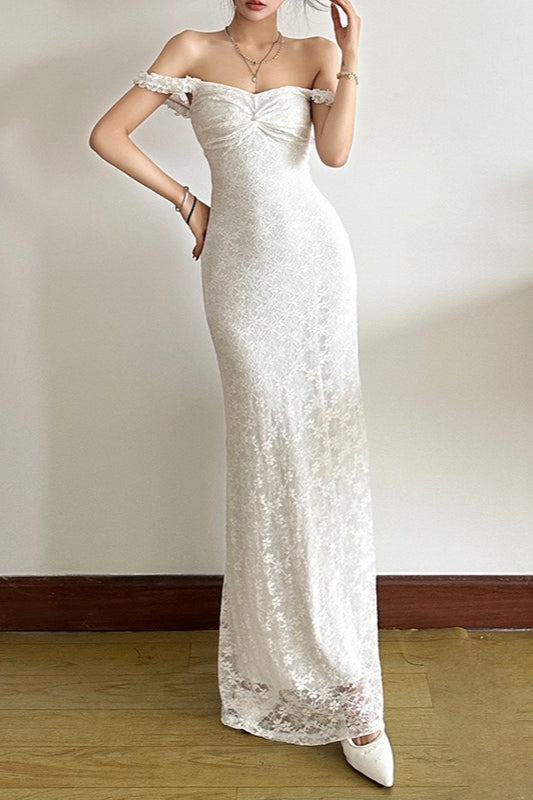 Lace Off Shoulder Ruffle Sleeve Sweetheart Neck Column Maxi Dress