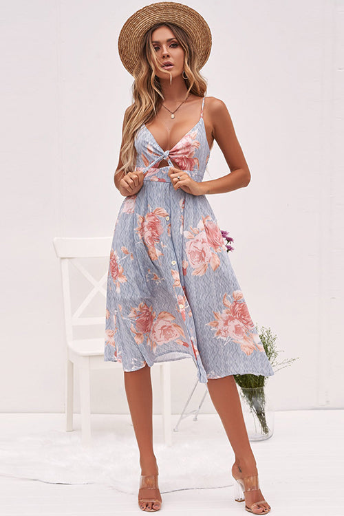 Spaghetti Strap Sweetheart Tie Front Cutout Button Front Floral Midi Dress