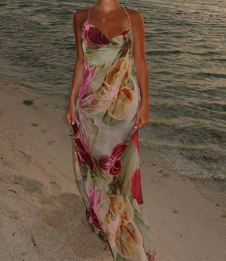 Halter Cowl Neck Beaded Outline Floral Print Sheer Maxi Dress