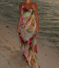 Halter Cowl Neck Beaded Outline Floral Print Sheer Maxi Dress