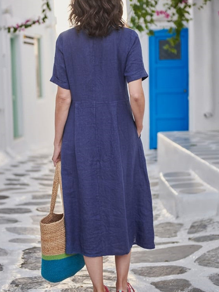 Linen V-Neck Short Sleeve Button Front Pocket Midi Dress