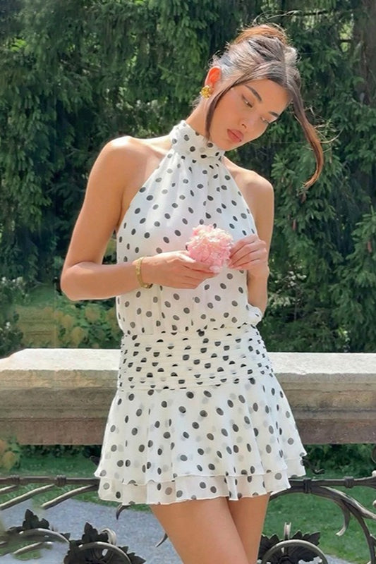 White Halter Mock Neck Shirred Waist Tiered Polka Dot Mini Dress