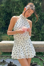 White Halter Mock Neck Shirred Waist Tiered Polka Dot Mini Dress