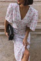 White Deep V Neck Puff Sleeve Empire Waist Button Detail Ditsy Floral Midi Dress
