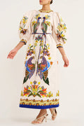 Bird Print Puff Sleeve Belted Border Hem Midi Dress