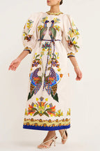 Bird Print Puff Sleeve Belted Border Hem Midi Dress