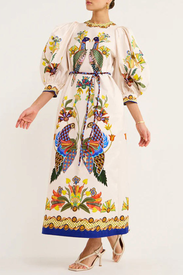 Bird Print Puff Sleeve Belted Border Hem Midi Dress