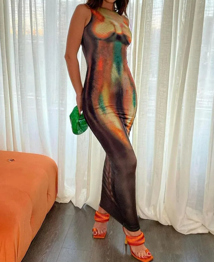 Thermal Print Round Neck Sleeveless Bodycon Maxi Dress