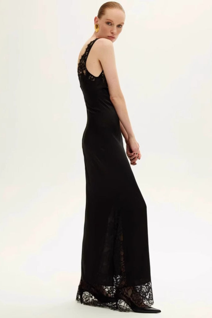 Satin Deep V-Neck Lace Panel Lace Trim Hem Maxi Slip Dress