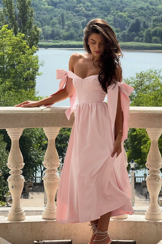 Off Shoulder Tie Shoulder Bow Sweetheart Corset Bodice A Line Midi Dress