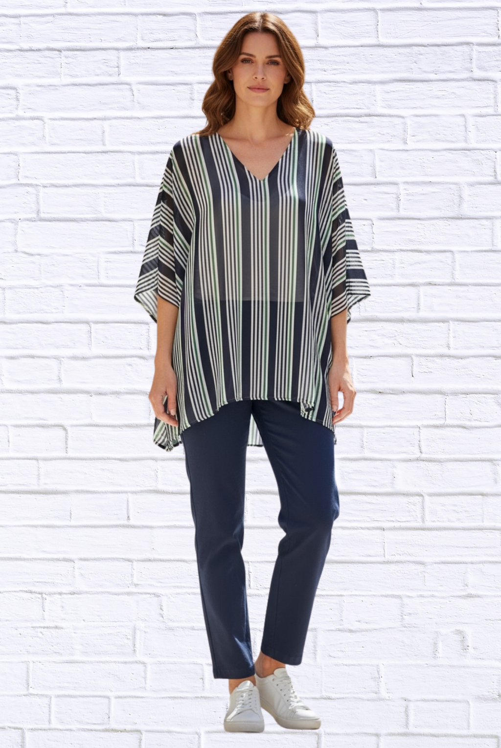 Striped Chiffon V-Neck Kaftan Top _ Flowing Sheer Oversized Blouse for Women