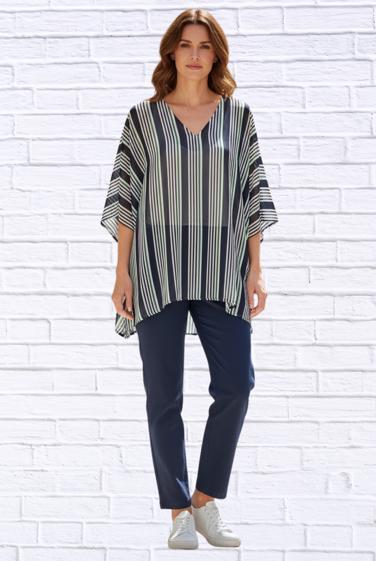 Striped Chiffon V-Neck Kaftan Top _ Flowing Sheer Oversized Blouse for Women