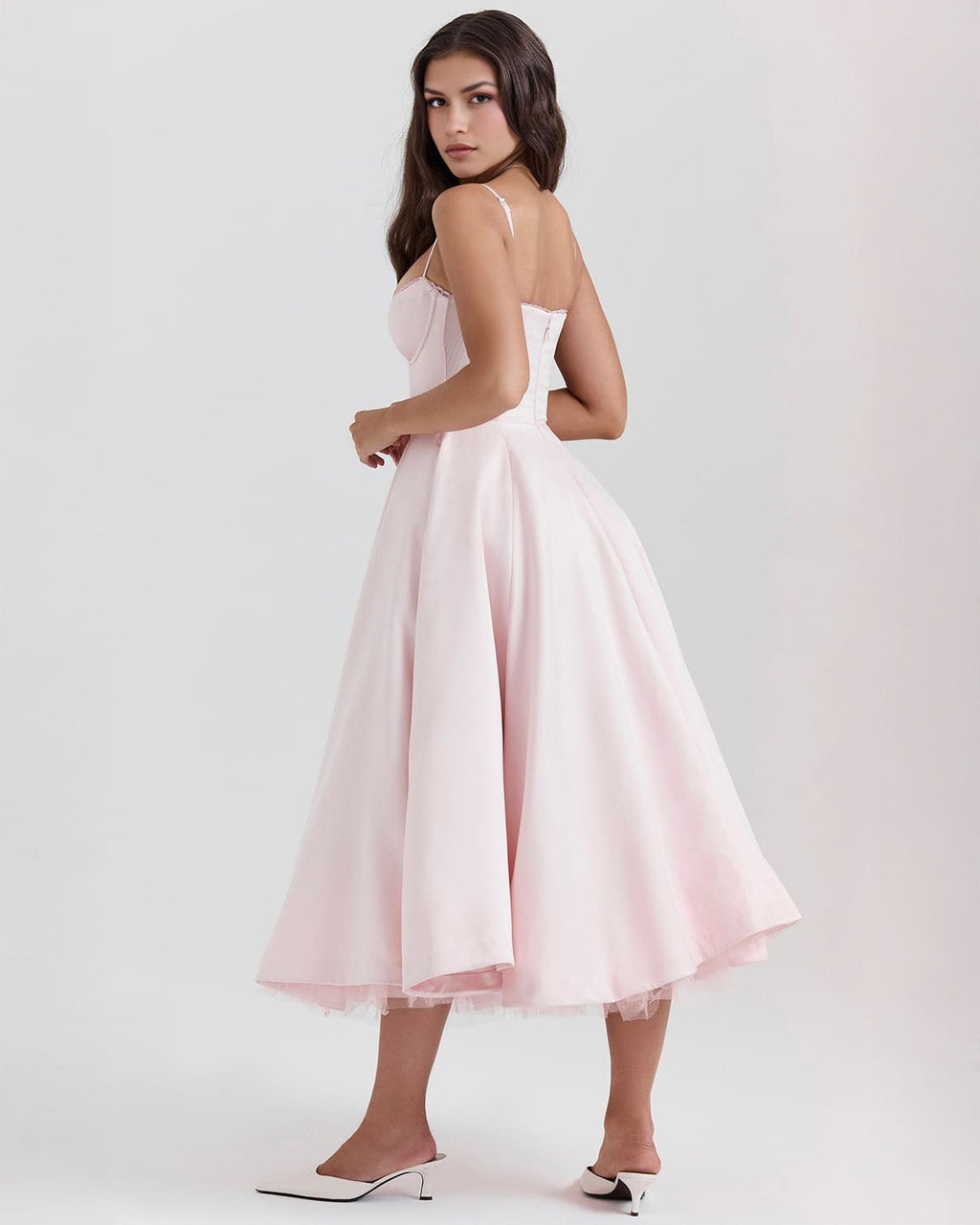 Lace Trim Corset Bustier Spaghetti Strap Pleated Pocket Tea Length Dress