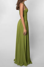 Halter Deep V Neck Lace Bodice Accordion Pleated Maxi Dress