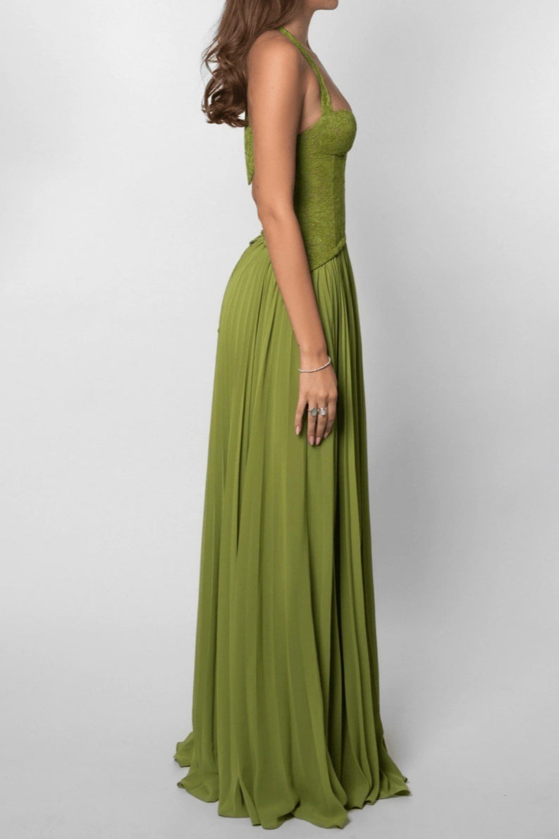 Halter Deep V Neck Lace Bodice Accordion Pleated Maxi Dress