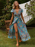 Boho Floral Wrap Maxi Dress - Blue V Neck High Split Long Dress - Summer Beach Vacation 2026