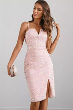 Sweetheart Spaghetti Strap Sequin Side Slit Bodycon Midi Dress