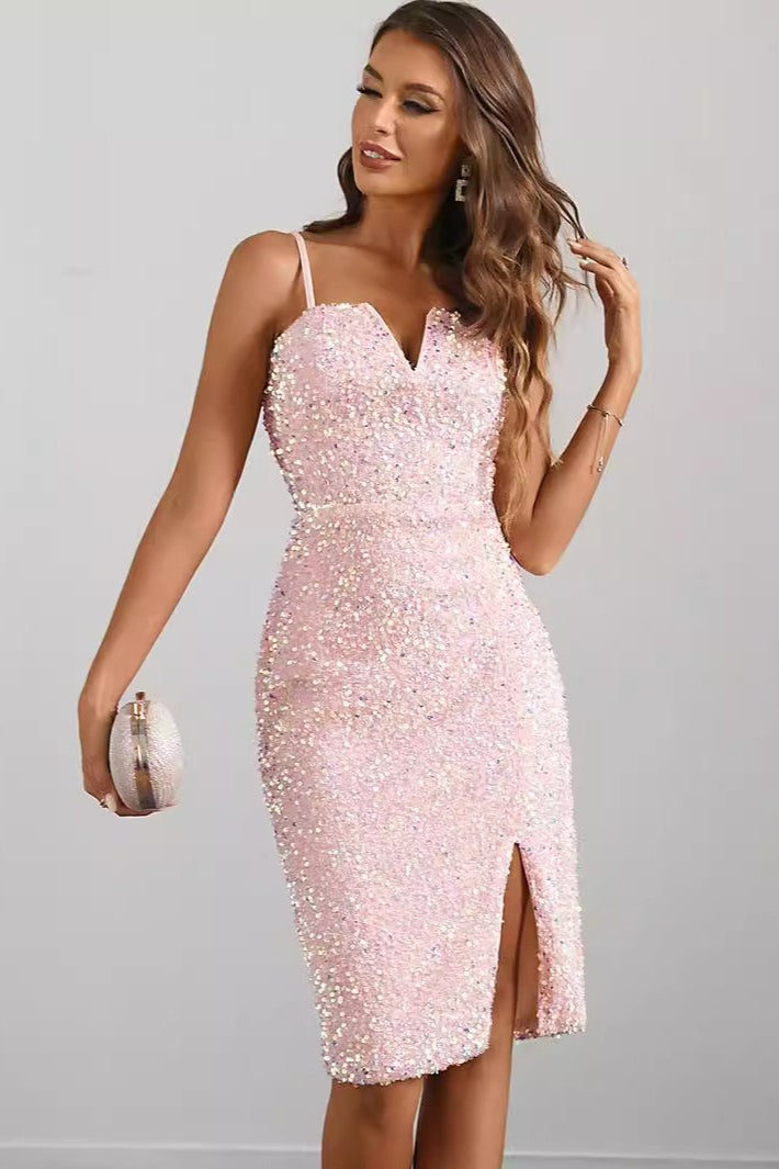 Sweetheart Spaghetti Strap Sequin Side Slit Bodycon Midi Dress