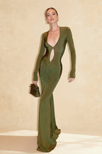 Deep V-Neck Cut Out Long Sleeve Ruched Bodycon Maxi Dress